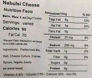 Nutrition Facts Nabulsi Cheese